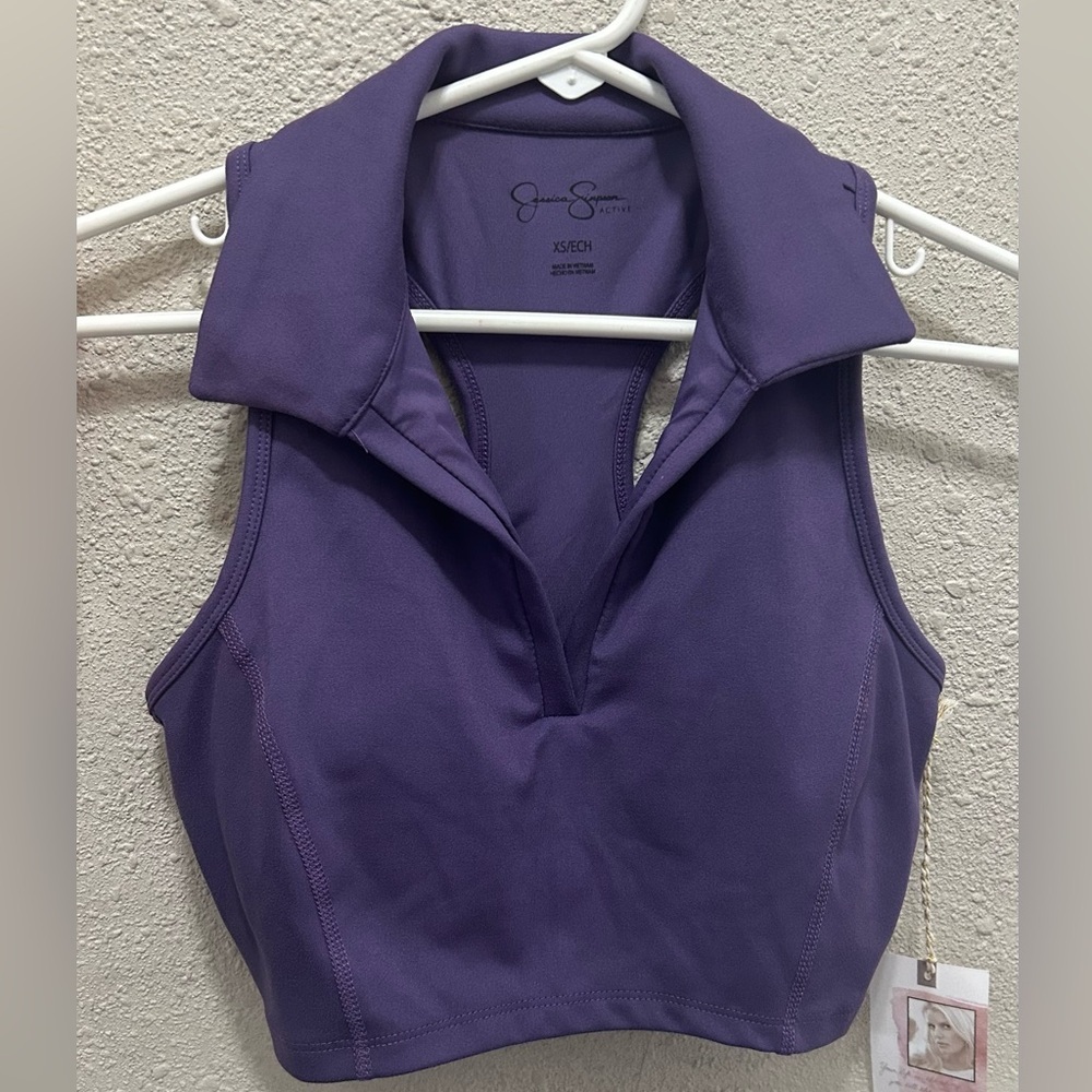 Jessica Simpson Longline Polo Crop Top Built in Bra Purple Loganberry NWT XS